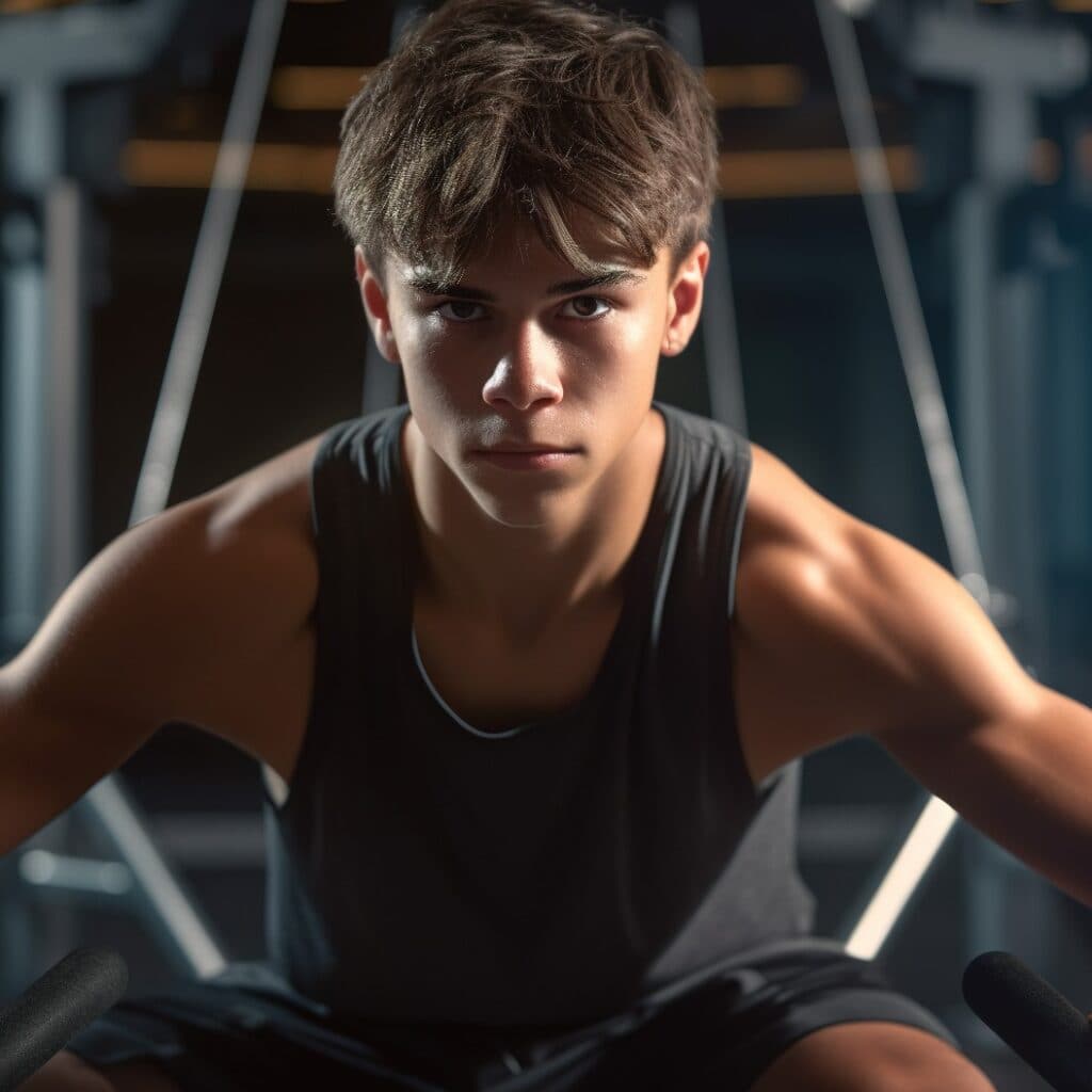 Schöner männlicher Teenager in Sportkleidung beim Training im Fitnessstudio.